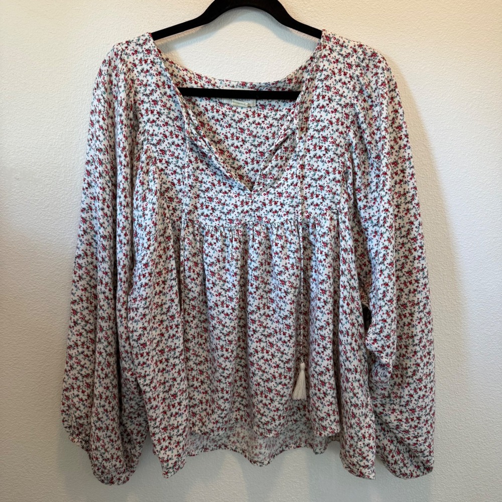 Denim & Supply Ralph Lauren Floral Peasant Blouse XL Red Boho Tassel Top Holiday